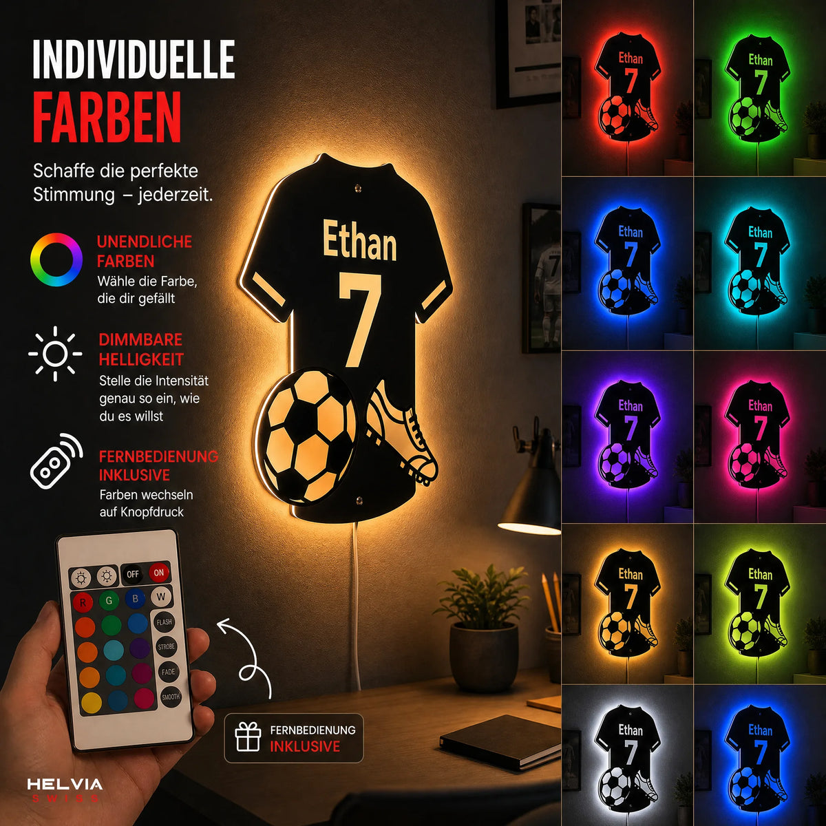 Personalisierter LED Fussball-Spiegel HELVIA SWISS