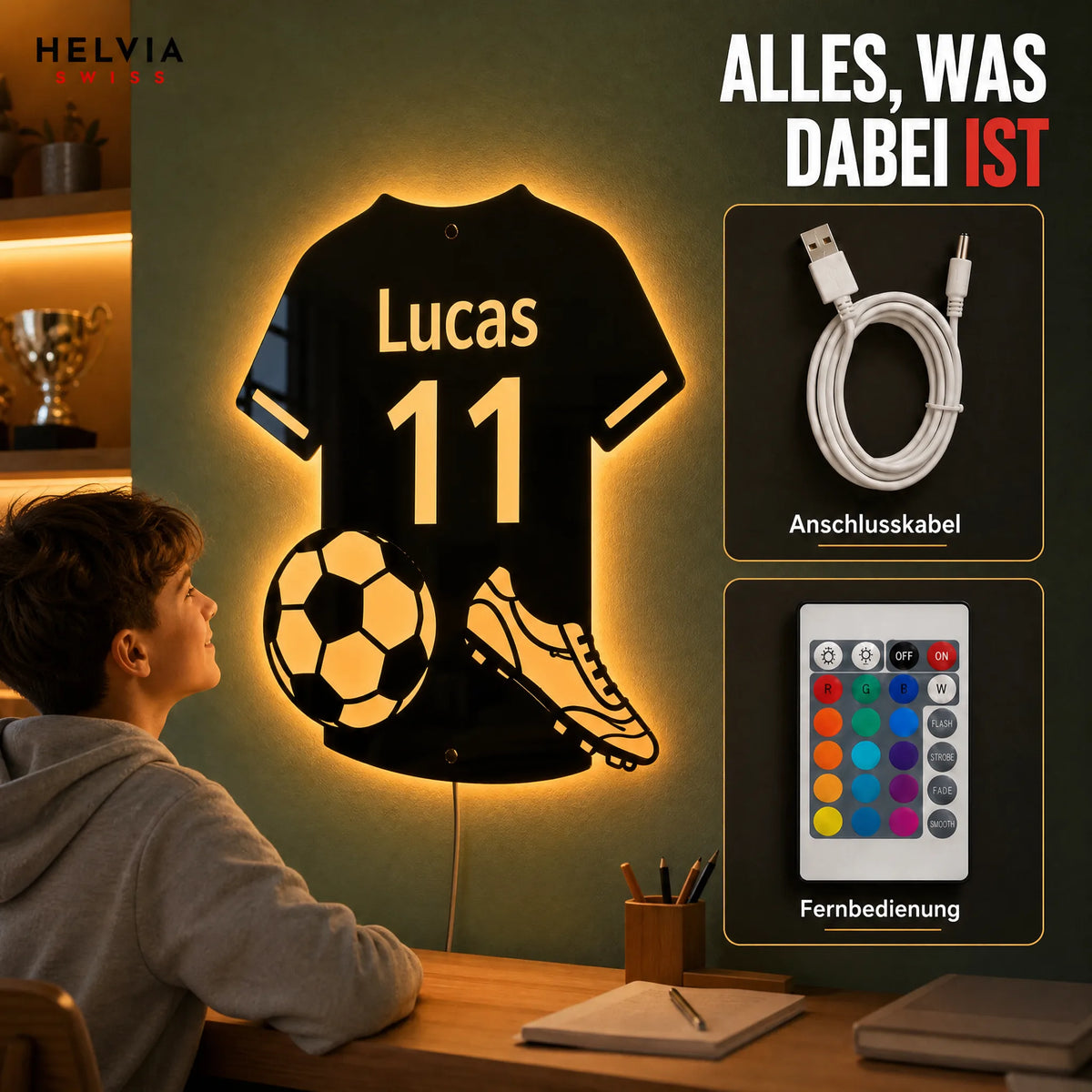 Personalisierter LED Fussball-Spiegel HELVIA SWISS