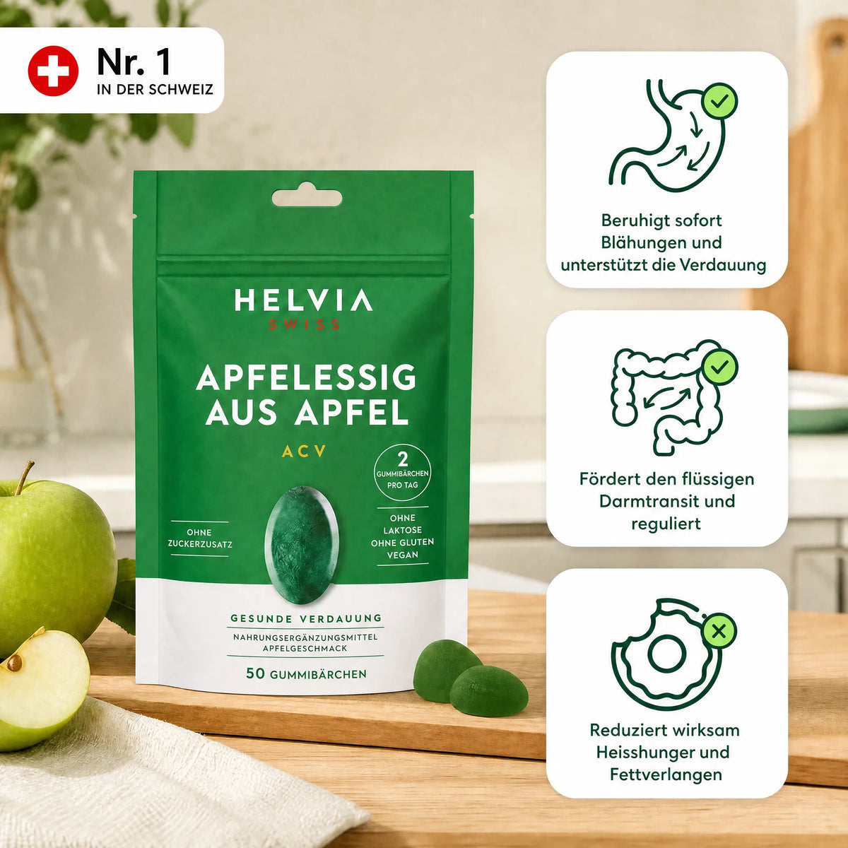 Apfelessig Gummies - Flacher Bauch & Verdauung HELVIA SWISS