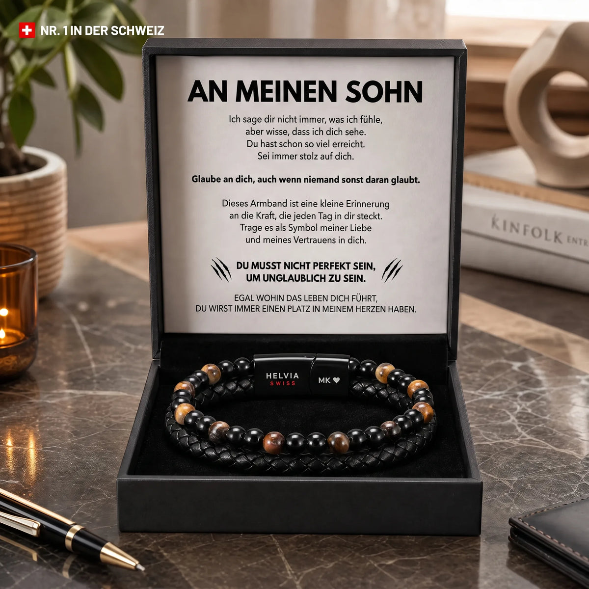 Personalisiertes Tigerauge-Armband „An Meinen Sohn" HELVIA SWISS